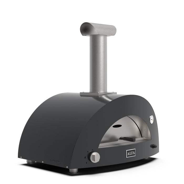 Alfa Forni Moderno 3 Pizze Gas Pizza Oven Ardesia Grey - side view showing door and built-in thermometer