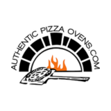 the authentic pizza ovens logo which includes a pizza oven and pizza peel with a fire