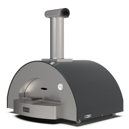 Alfa Forni Classico 4 Pizze Wood Pizza Oven - Ardesia Grey - side view showing door and built-in thermometer