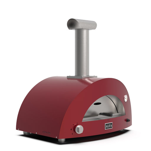 Alfa Forni Moderno 3 Pizze Gas Pizza Oven Antique Red - side view showing door and built-in thermometer