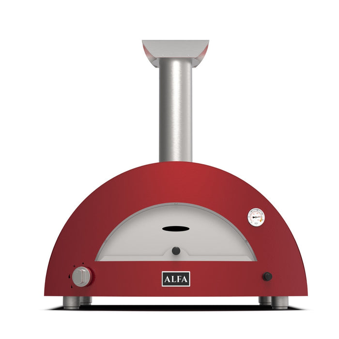 Alfa Forni Moderno 3 Pizze Gas Pizza Oven Antique Red - front angle showing door and built-in thermometer