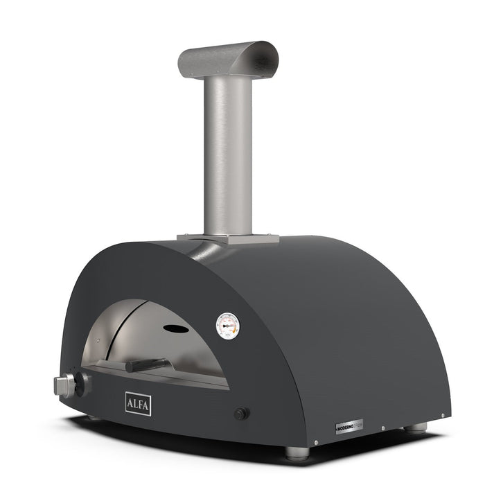 Alfa Forni Moderno 3 Pizze Gas Pizza Oven Ardesia Grey - side view showing door and built-in thermometer