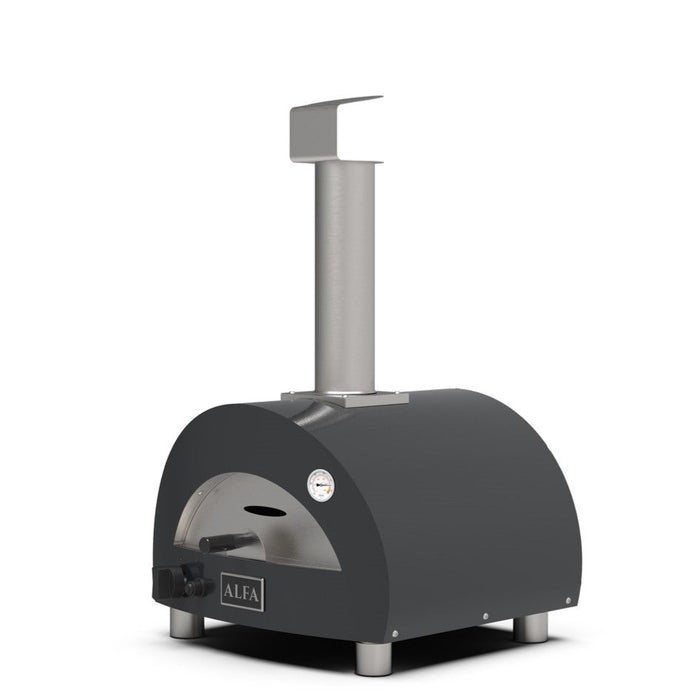 Alfa Forni Moderno Portable Gas Pizza Oven Slate Grey - side view showing door and built-in thermometer