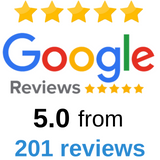 trust logo from google reviews with a score of 5.0 from 201 reviews